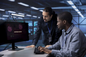 Two security experts assess a system hack alert on a computer screen in a modern office setting.