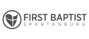 Logo of First Baptist Spartanburg featuring a stylized heart with a cross, in monochrome.