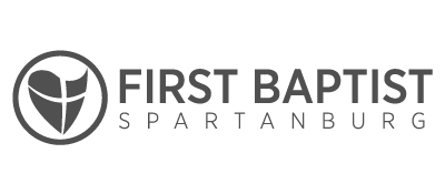 Logo of First Baptist Spartanburg featuring a stylized heart with a cross, in monochrome.