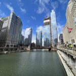 Chicago city skyline with tall skyscrapers along the river under a blue sky with clouds.