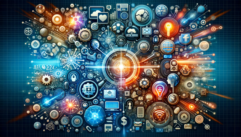 Illustration of interconnected digital icons representing technology and communication on a dynamic, colorful background.