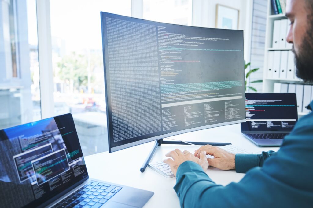 Computer, programmer or technician man for coding, software script or cyber security in office. Beh